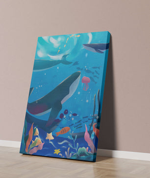 Escena submarina con ballenas, peces y arrecife de coral