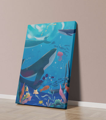 Underwater scene with whales, fish, and coral reef