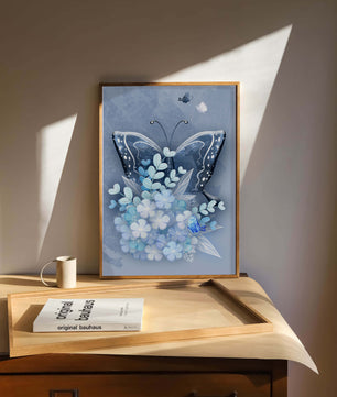 Elegant butterfly with blue floral arrangement artwork