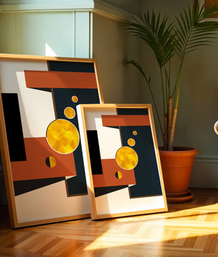 Abstract geometric artwork with golden circles and bold shapes - Mi tienda