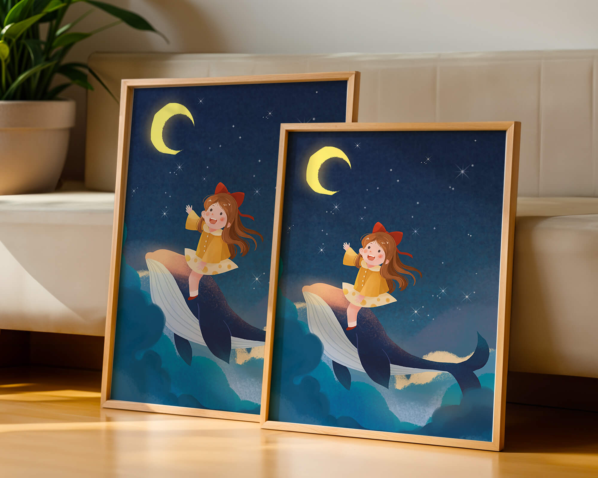 Girl on a whale under starry night sky