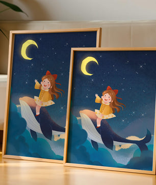 Girl on a whale under starry night sky