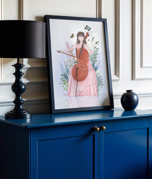 Girl Playing Cello Surrounded by Nature with Butterflies - Mi tienda