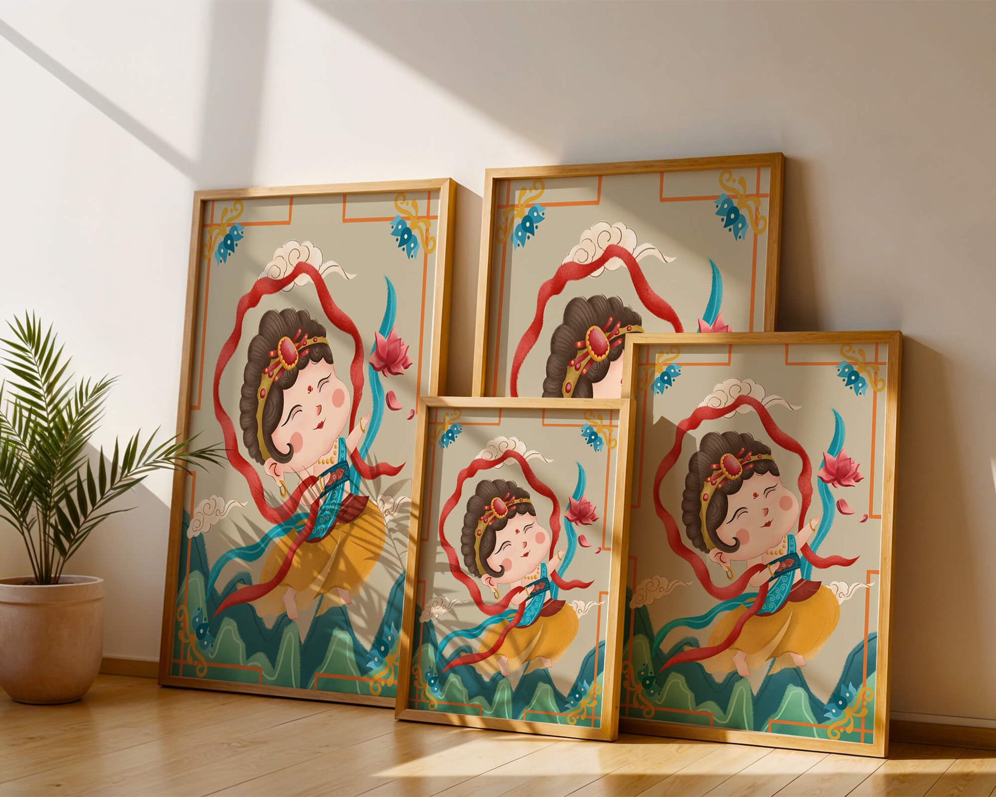 Whimsical illustration of a joyful child deity with lotus and clouds