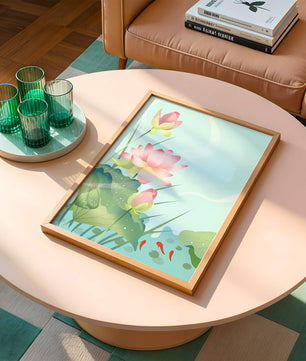 Loteo de flores de loto ilustrativas con hojas y peces koi en un estanque sereno