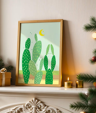 Desert cactus illustration with crescent moon