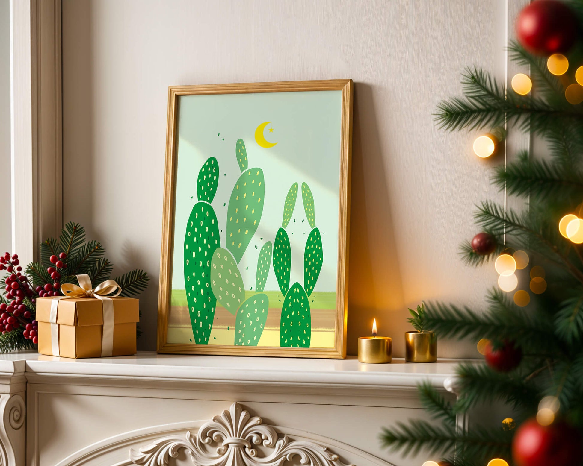 Desert cactus illustration with crescent moon