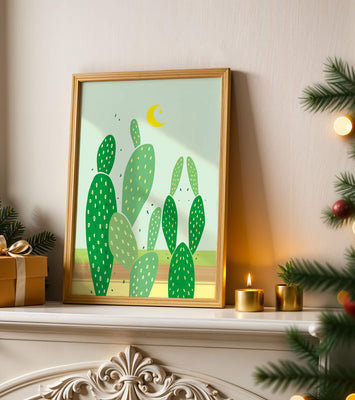 Desert cactus illustration with crescent moon