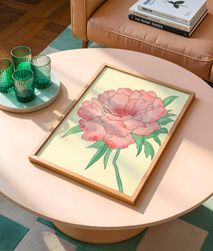 Delicate Pink Peony with Green Leaves Illustration