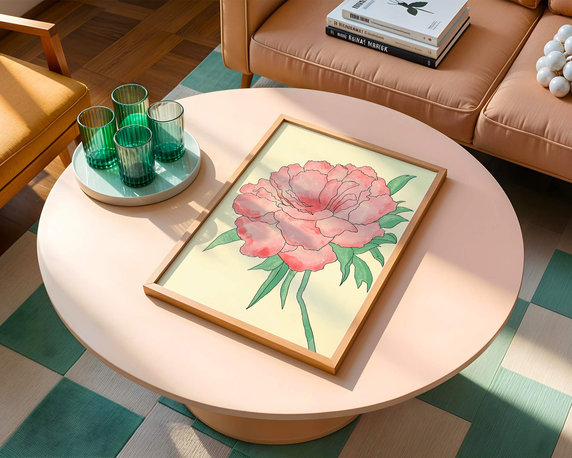 Delicate Pink Peony with Green Leaves Illustration