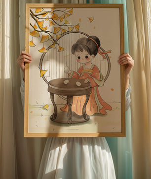 Charmante illustration d'une fille en tenue traditionnelle avec des feuilles de ginkgo
