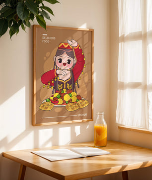 Illustration d’une figure culturelle ouïghoure portant un costume traditionnel et partageant un repas festif