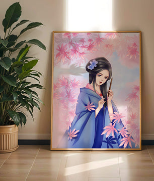 Ilustración elegante de una geisha con kimono azul y hojas rosadas