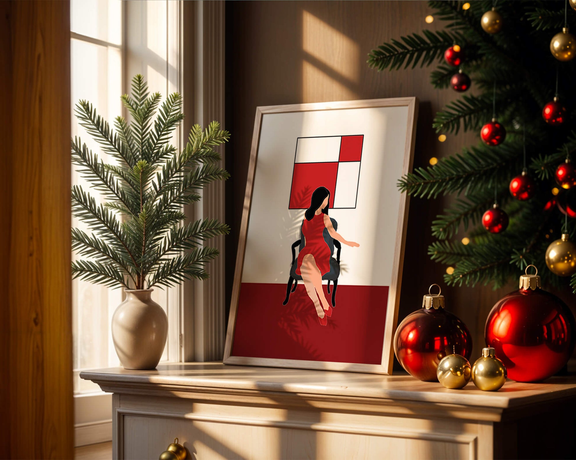 Mujer abstracta en vestido rojo sentada en una silla con arte geométrico en la pared