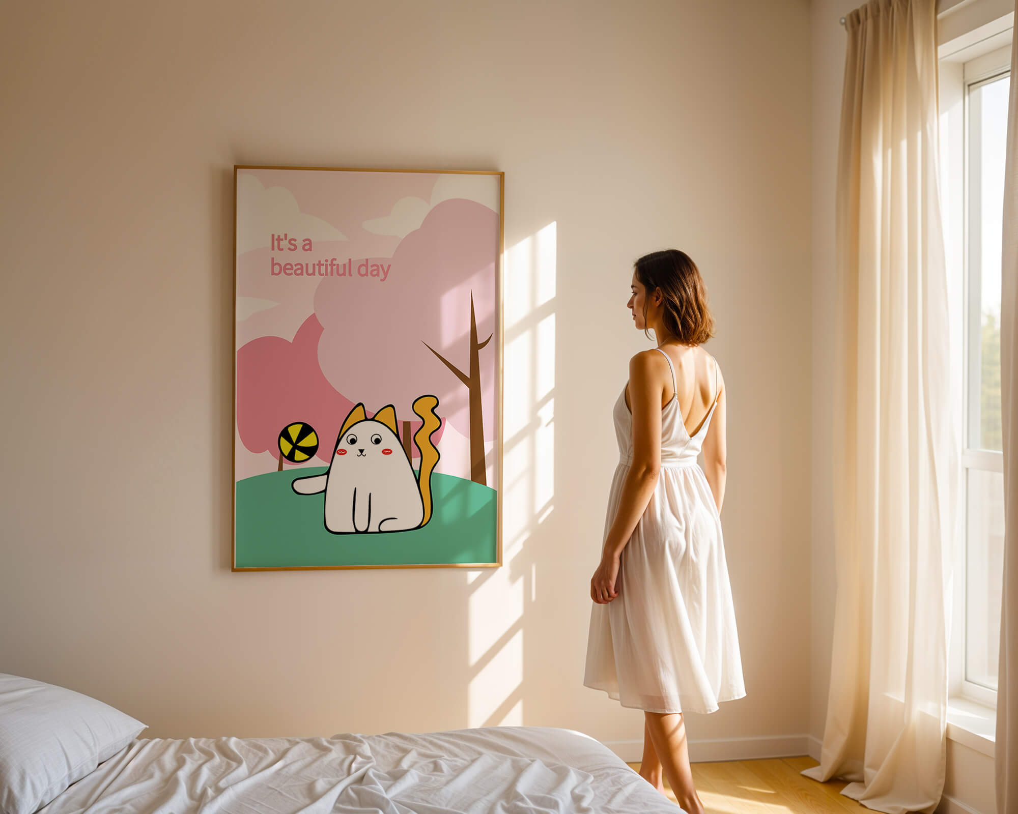 Charming cat illustration in a playful park scene with trees and clouds