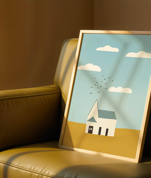 Paisaje minimalista con una casa blanca y cielo