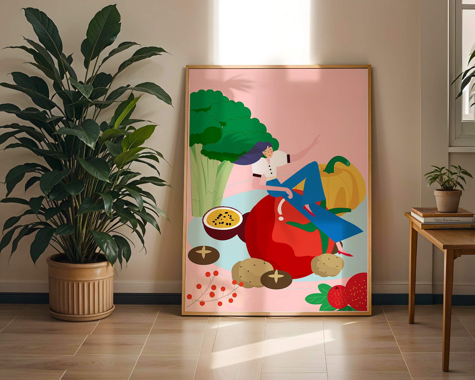 Ilustración de una mujer rodeada de verduras y frutas vibrantes.