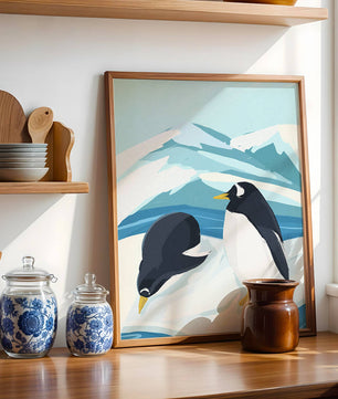 Gentoo penguins in an Antarctic landscape illustration