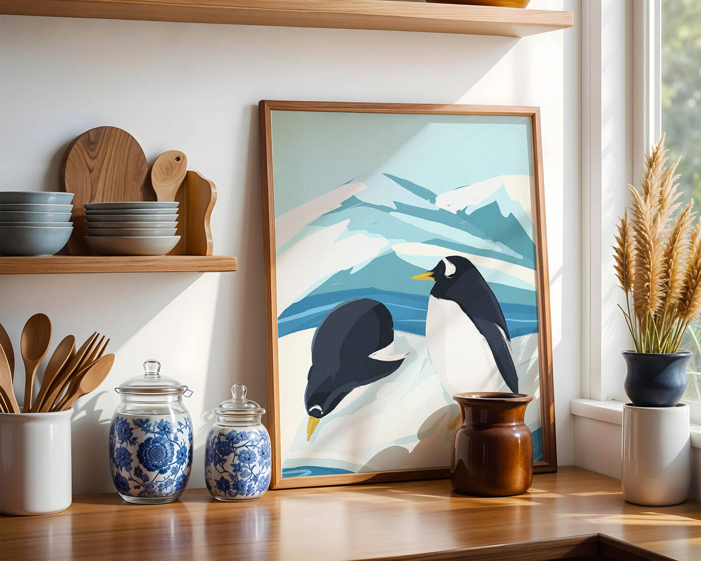 Gentoo penguins in an Antarctic landscape illustration