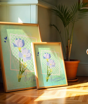 Ilustración floral delicada con colores pastel y lunares