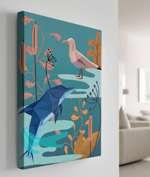 Geometric Dolphin and Seagull with Floral Elements in Abstract Nature