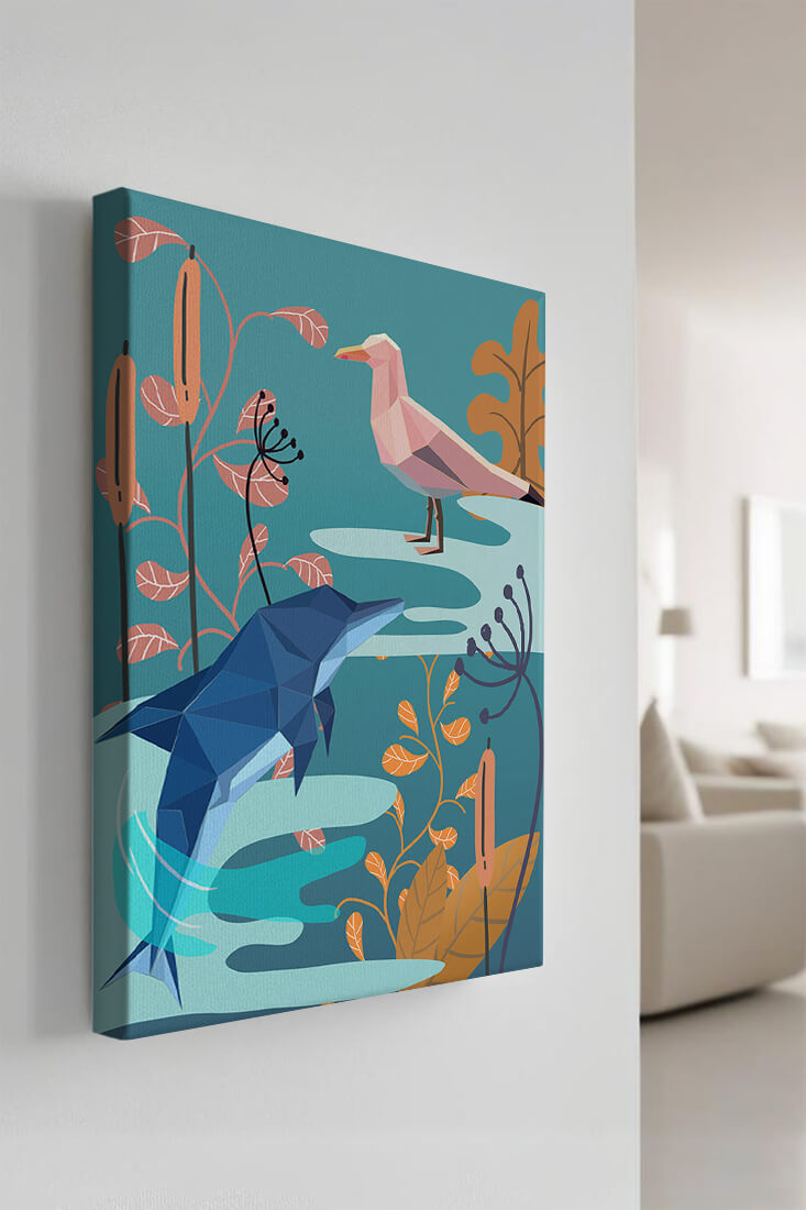 Geometric Dolphin and Seagull with Floral Elements in Abstract Nature