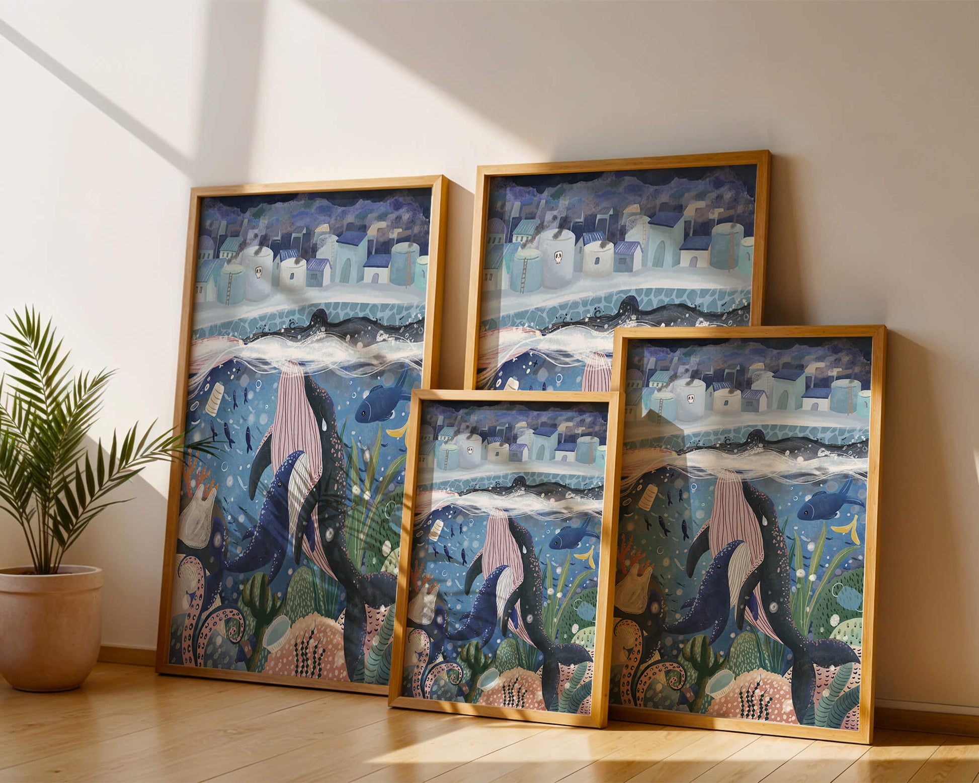 Whimsical Underwater City with Marine Life and Pollution