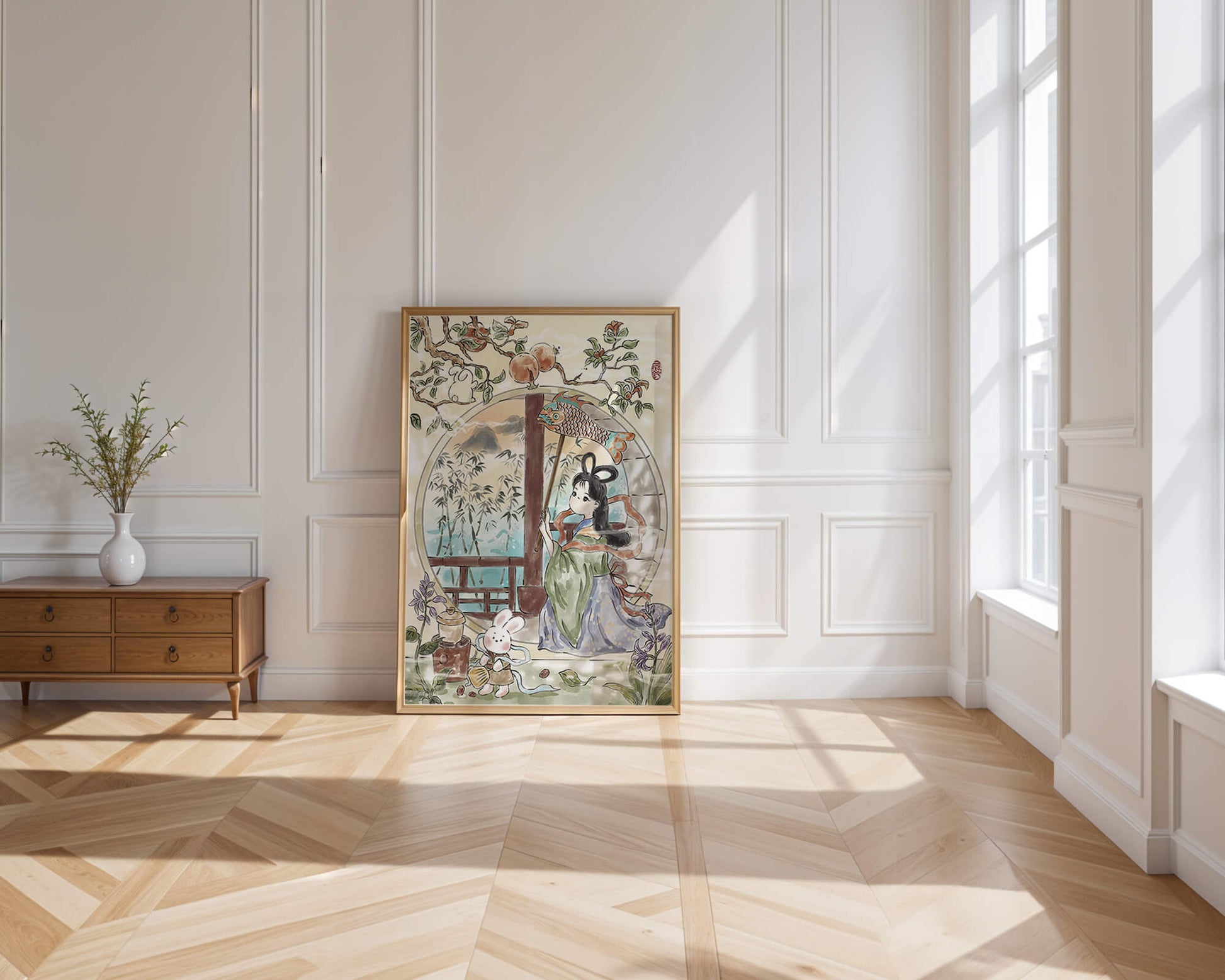 Escena de jardín tranquilo con una niña y un conejo