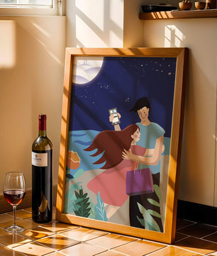 Pareja romántica abrazándose bajo una noche iluminada por la luna