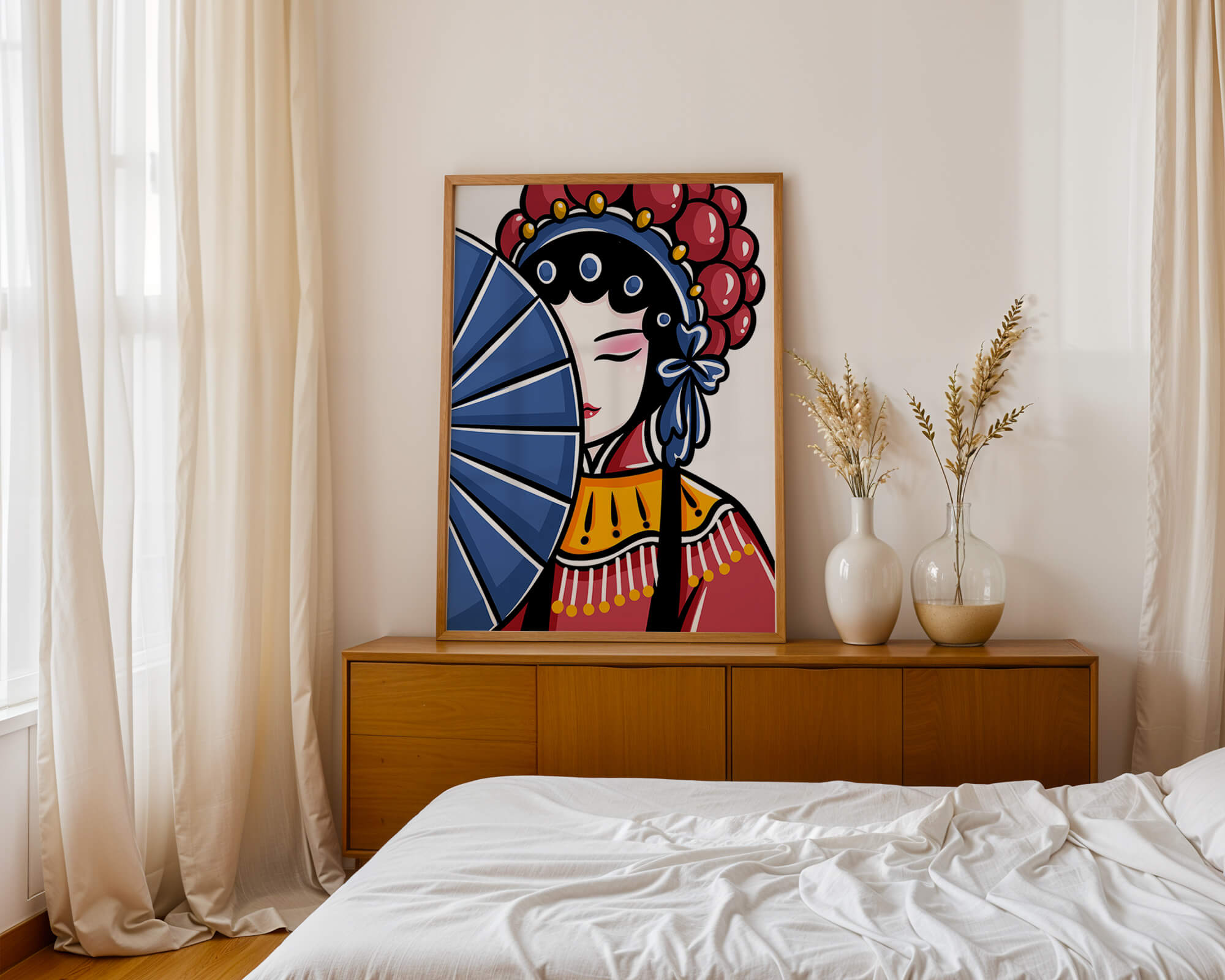 Traditional Asian opera character with fan and decorative headpiece