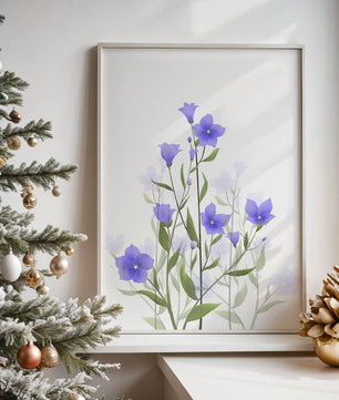 Elegant pastel blue flowers with green leaves on a white background