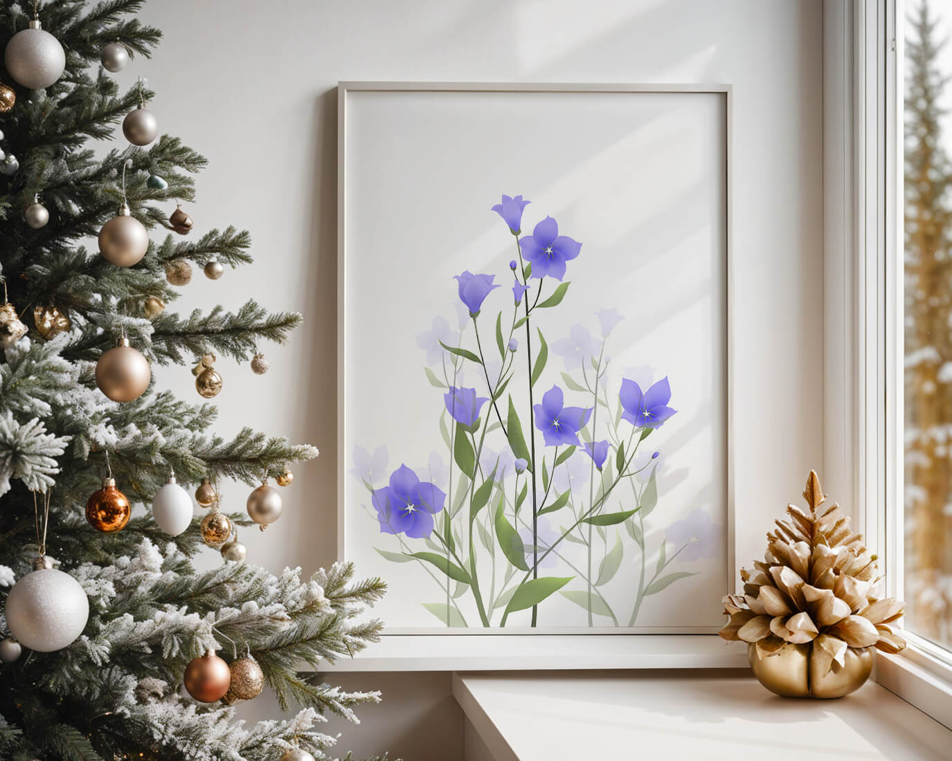 Elegant pastel blue flowers with green leaves on a white background