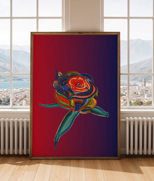 Rosa abstracta vibrante con colores dinámicos sobre fondo degradado