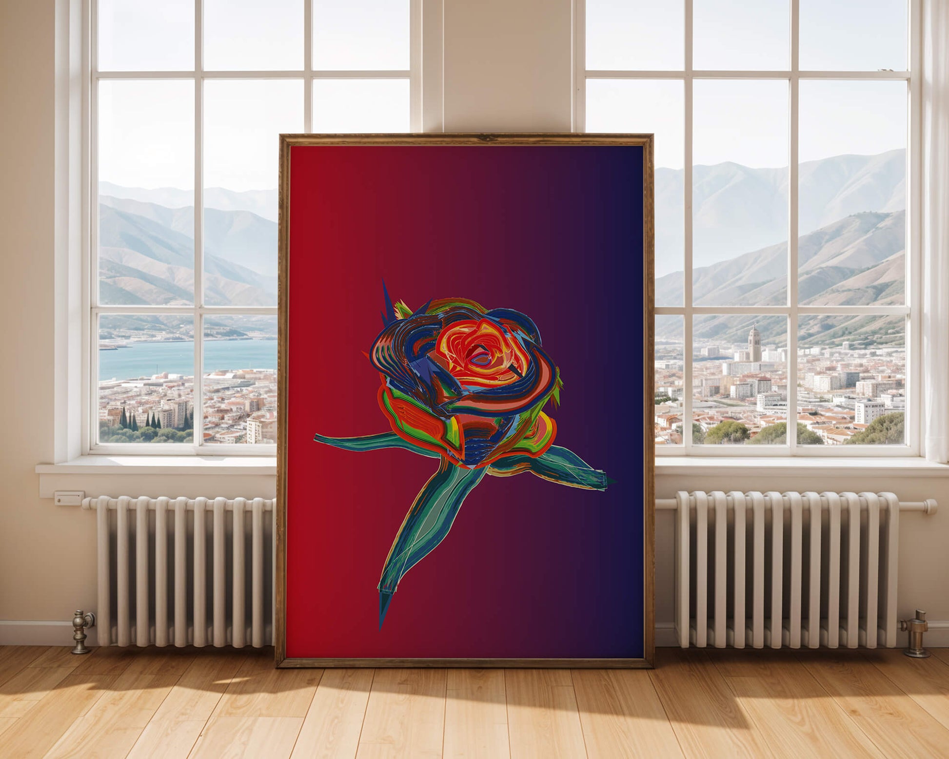 Rosa abstracta vibrante con colores dinámicos sobre fondo degradado