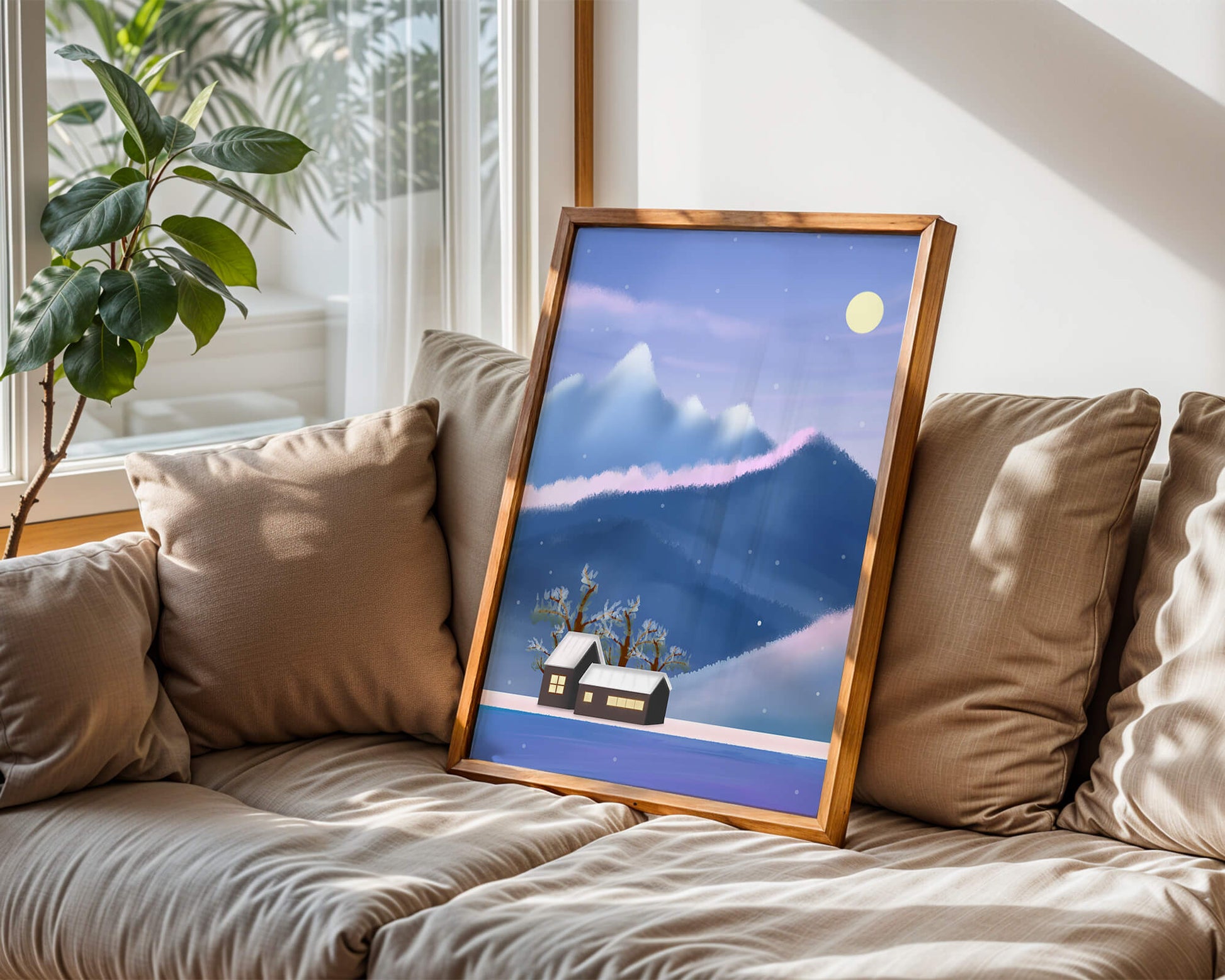 Paysage de montagne enneigée avec des maisons et des arbres sous la lumière de la lune