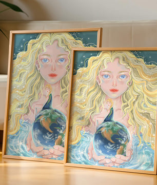 Fantasy artwork of woman holding earth with shimmering details