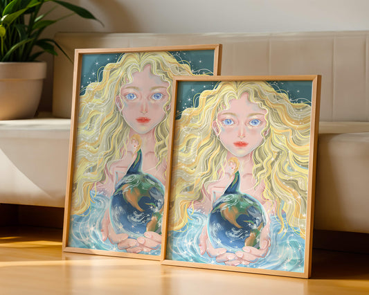 Fantasy artwork of woman holding earth with shimmering details