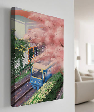 Zug in Kirschblütenlandschaft mit modernem Gebäude