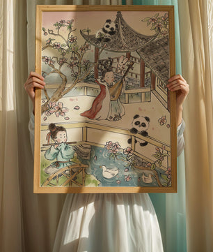Tranquil Asian Garden Scene with Pandas and Blossoms
