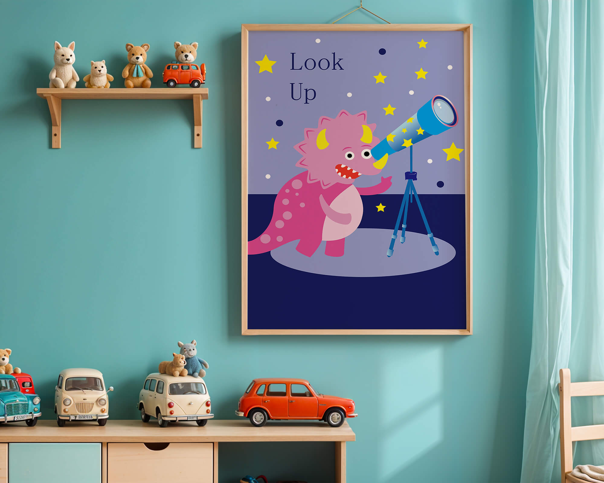 Pink cartoon dinosaur looking through a telescope with stars