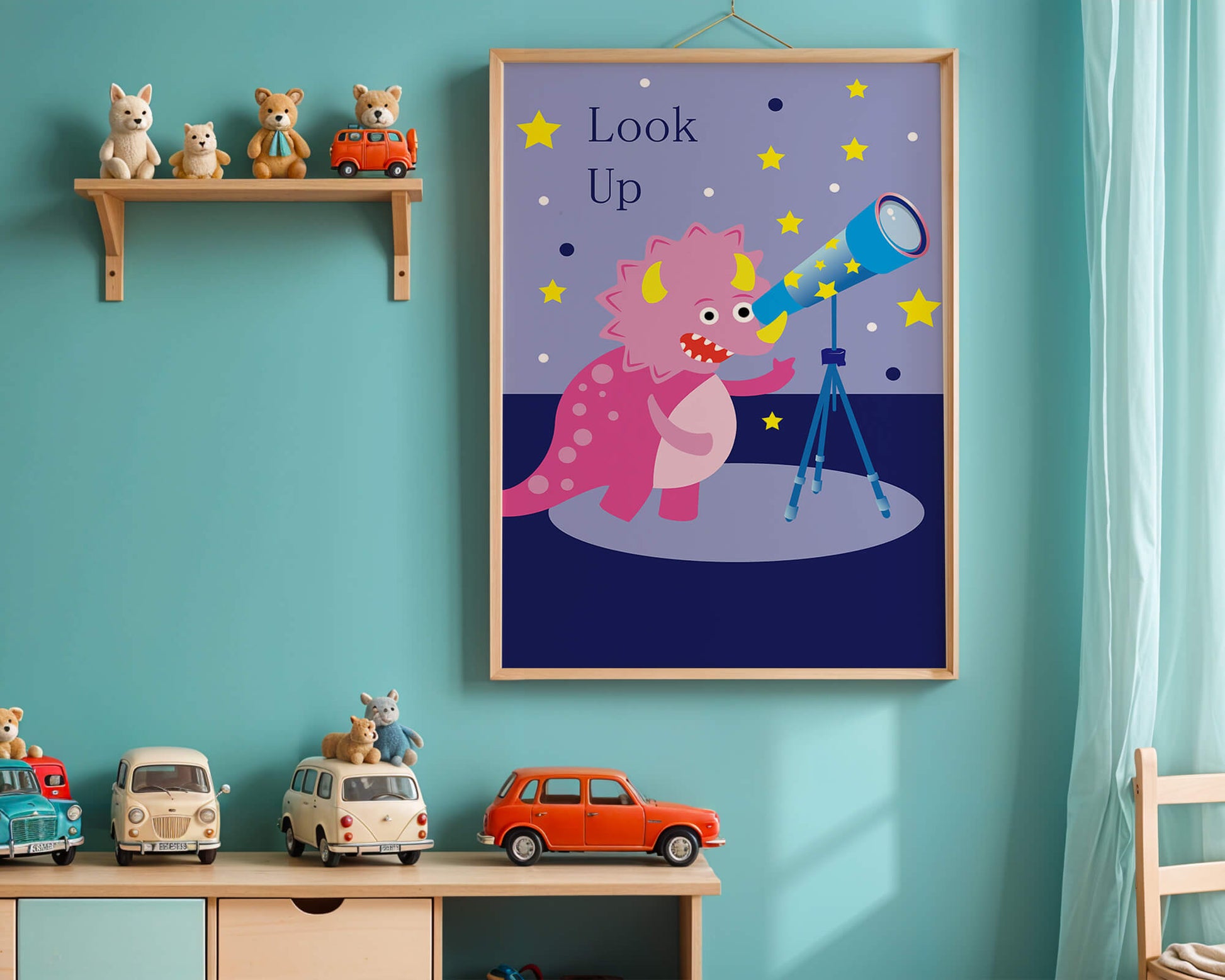 Pink cartoon dinosaur looking through a telescope with stars