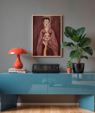 Ilustración de una figura mística con máscara y fondo ornamentado