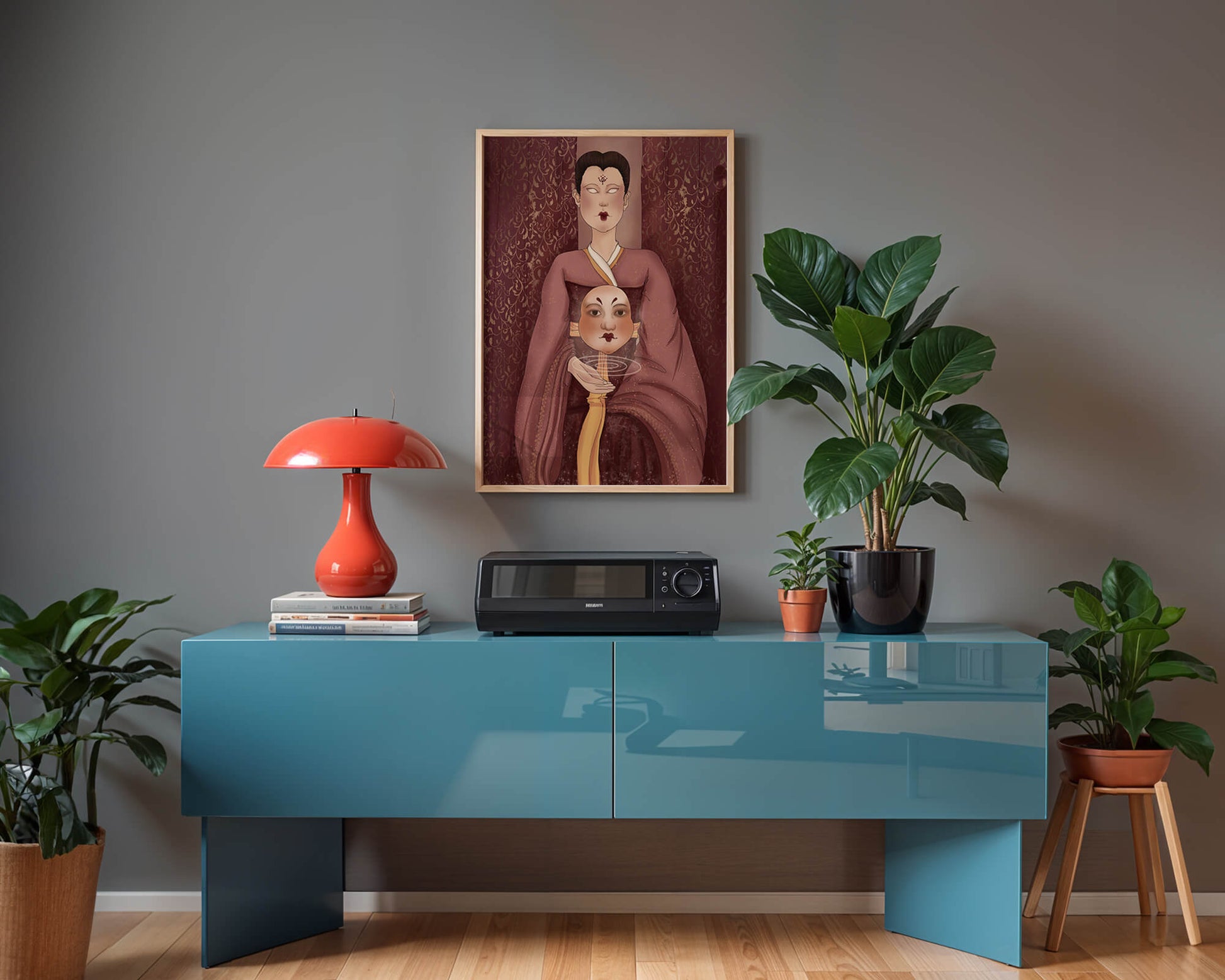 Ilustración de una figura mística con máscara y fondo ornamentado