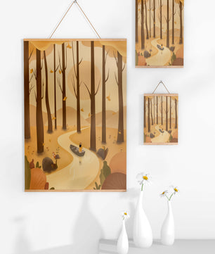 Serene autumn forest with river and boat in digital art scene
