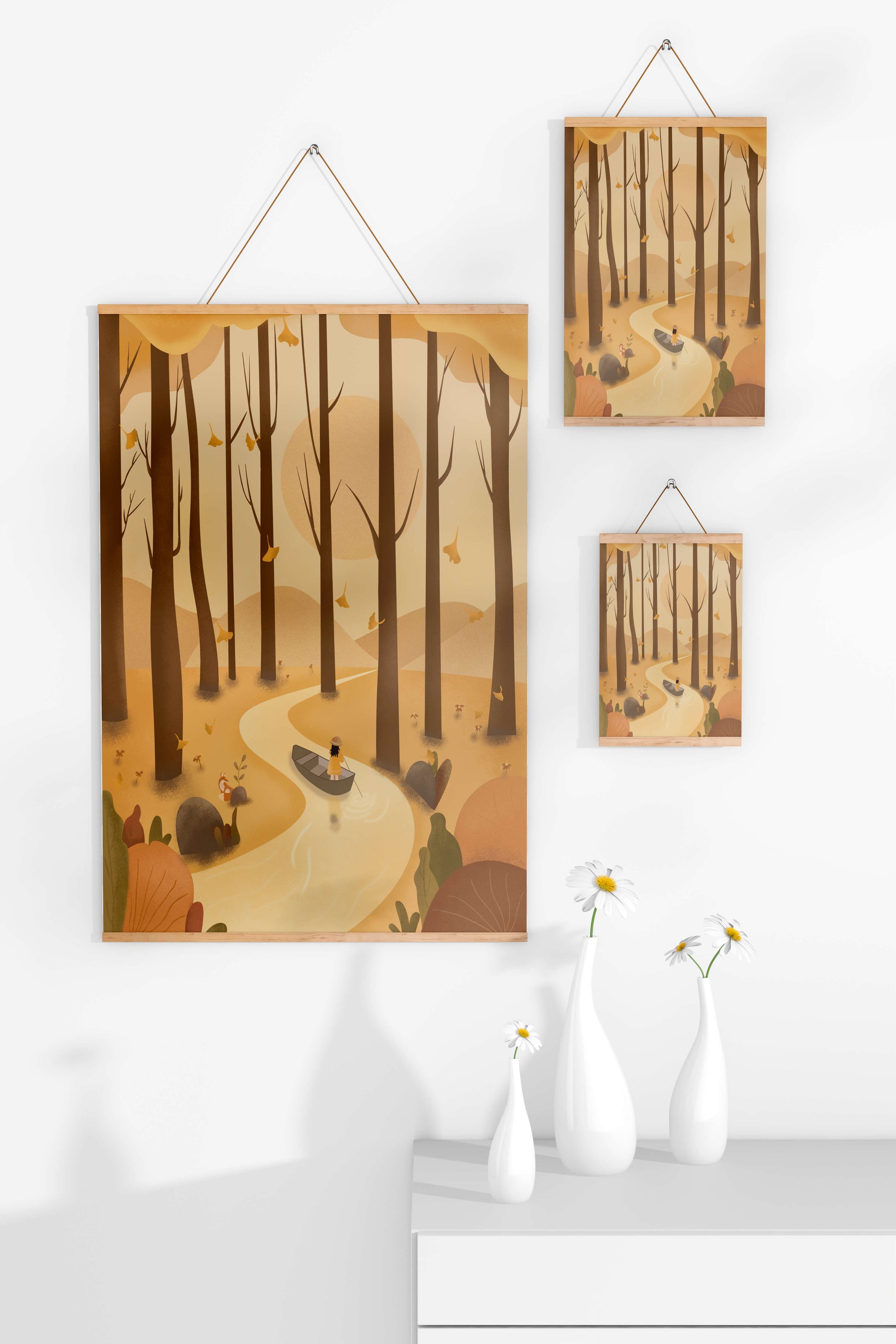 Serene autumn forest with river and boat in digital art scene
