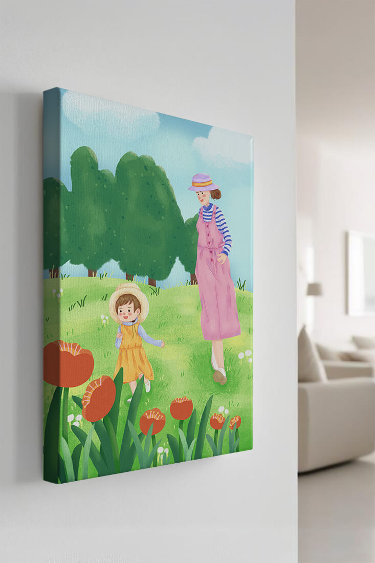 Mother and child in a floral garden under clear skies
