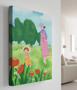 Mother and child in a floral garden under clear skies
