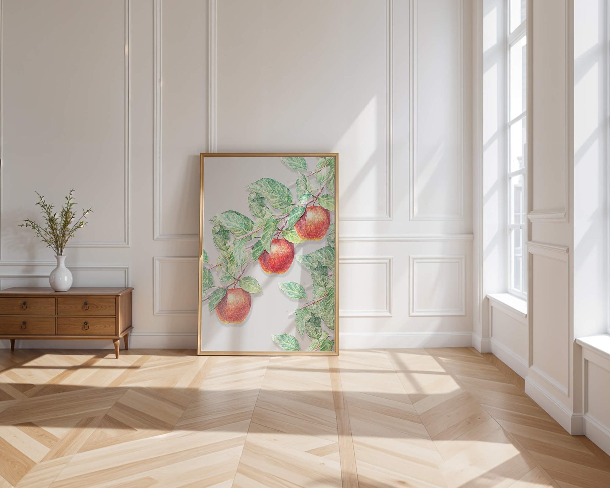 Illustration of Apples on a Tree Branch with Green Leaves