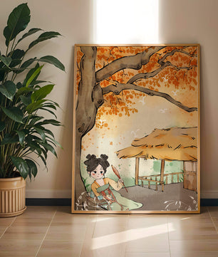 Escena de otoño con ilustración en estilo asiático tradicional