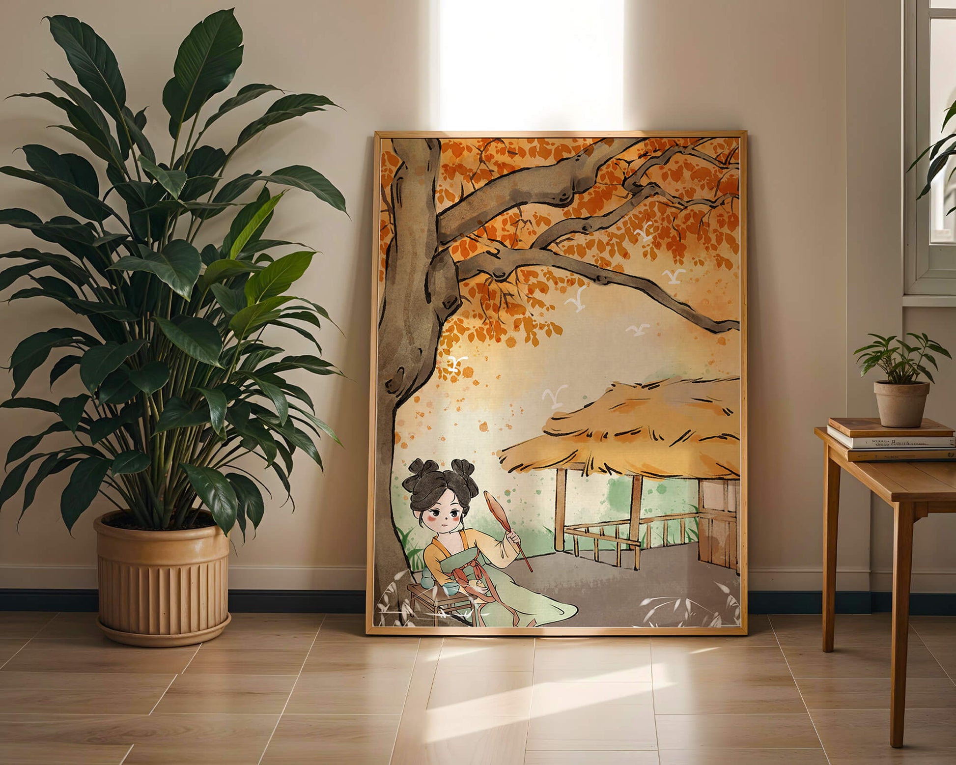 Escena de otoño con ilustración en estilo asiático tradicional